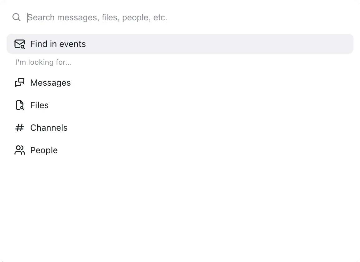 A screenshot of the command palette available on Raven for searching messages, files and channels